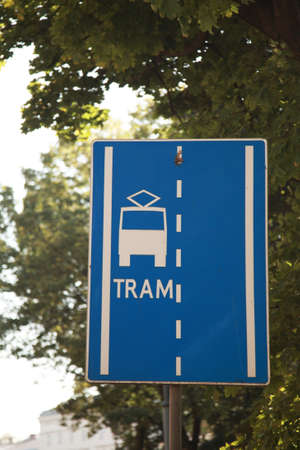 Tram sign showing that trams use the left hand lane on the roads, Krakow, Poland