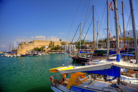 Harbour and medieval castle in Kyrenia, North Cyprusのeditorial素材