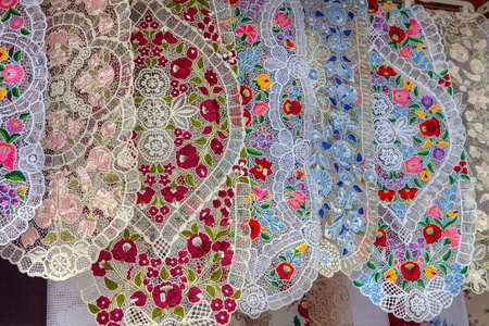 Lace and embroidery traditional handmade souvenir shopping in Budapest, Hungary の写真素材
