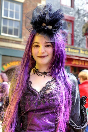 HITBY, ENGLAND - APRIL 27: Happy, smiling teenage Goth at Whitby Gothic Weekend one of the most popular Gothic events in the world. Whitby 27, April 2013.のeditorial素材