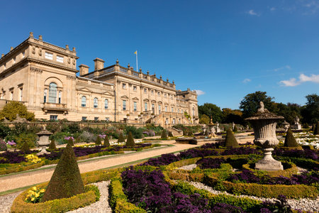 LEEDS, UK - SEPTEMBER 30, 2015: Historic Harewood House and gardens near Leeds in Yorkshire.  The house designed by architects John Carr and Robert Adam, it was built between 1759 and 1771.のeditorial素材