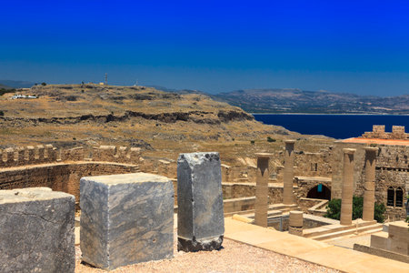 Popular tourist attraction the archaeological site of the acropolis of Lindos, a natural citadel on the island of Rhodes.のeditorial素材