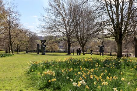 The Family of Man, a group of 9 individual bronze sculptures was one of Barbara Hepworths final works, completed in 1970 exhibited in YSP.の写真素材