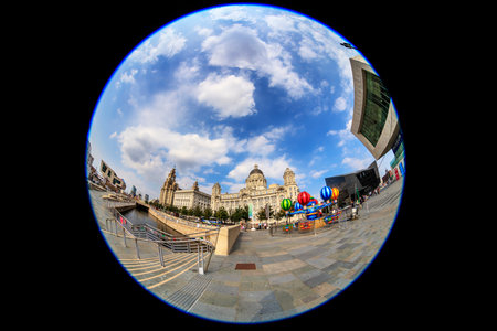 LIVERPOOL, UK - AUGUST 18, 2016: Famous architecture at the waterfront in Liverpool, England.  Fish eye perspective.のeditorial素材