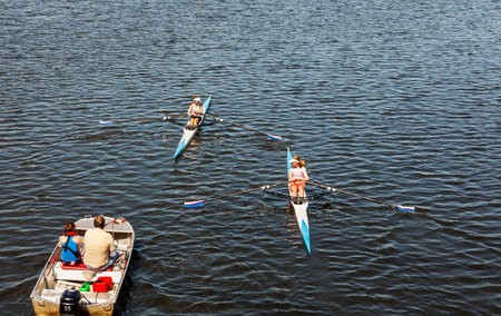 MANCHESTER, ENGLAND - MAY 29, 2016: Single scull rowing competitors in training.のeditorial素材