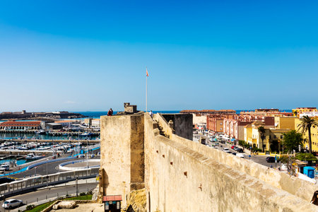 Panoramic view of The Port of Tarifa (Spanish: Puerto de Tarifa) and the historic medieval The Castle of Guzman El Bueno in Tarifa, Spain originally built as an alcazar (Moorish fortress).のeditorial素材