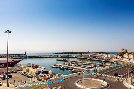TARIFA, SPAIN - SEPTEMBER 23, 2016: Panoramic view of The Port of Tarifa (Spanish: Puerto de Tarifa) a commercial harbor for fishing and passenger boats.のeditorial素材