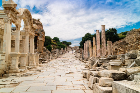 Ancient Roman Archaeological site with facade of the Library of Celsus in Ephesus, Anatolia is a popular tourist attraction.のeditorial素材