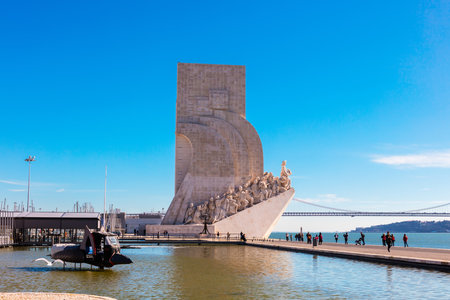 Riverside of Belem area in Lisbon in Portugal with famous Discoveries monument in background.のeditorial素材