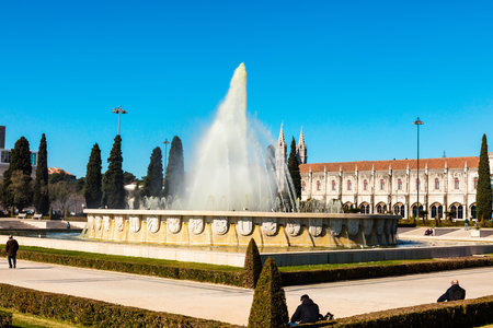 Fountain and Gardens in front of The Jeronimos Monastery in Belem area of Lisbon.のeditorial素材