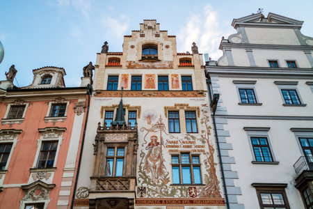 The medieval Storch House with a beautiful painting of St. Wenceslas on his horse, situated at the Old Town Square in Prague, Czech Republic.のeditorial素材