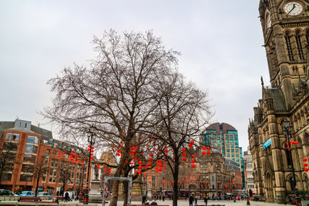 MANCHESTER, ENGLAND - February 5, 2019: Red lanterns decorations in Manchester's Albert Square in preparation for Chinese New Year.のeditorial素材