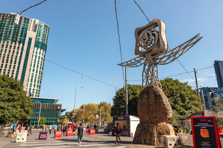 MELBOURNE, AUSTRALIA - March 23, 2019: Modern art and buildings on the banks of the Yarra River, Melbourne, Victoria, Australia.のeditorial素材