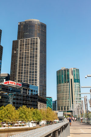 MELBOURNE, AUSTRALIA - March 23, 2019: Modern buildings on the banks of the Yarra River, Melbourne, Victoria, Australia.のeditorial素材