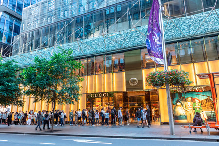 SYDNEY, AUSTRALIA - March 31, 2019: Long queue outside large luxury designer store Gucci in central Sydney, Australia.のeditorial素材