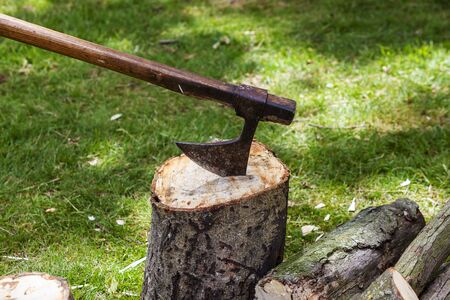 Wood chopping medieval axe thrust into a tree stump.