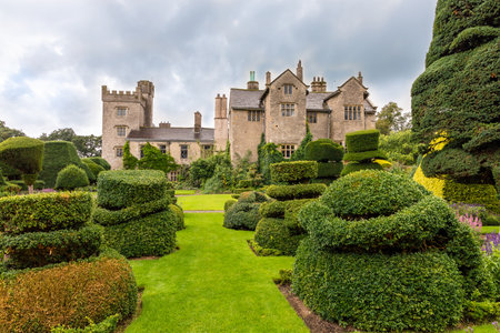 Medieval house and park of Levens Hall in Cumblria, UK with world`s oldest topiary garden.のeditorial素材