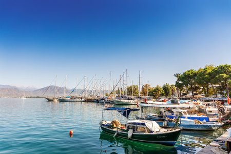 FETHIYE, TURKEY - October 19, 2019: Boats in harbour at histori city of  Fethiye in Turkey.のeditorial素材