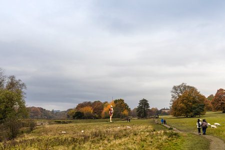 WAKEFIELD, YORKSHIRE, UK - November 6, 2019: Scenic autumnal views of the Yorkshire Sculpture Park with works by Damien Hirst.のeditorial素材