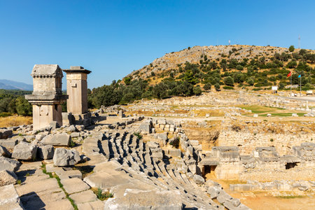 Roman theatre at the ruins of ancient Lycian city of Xanthos in Antalya province of Turkey.のeditorial素材