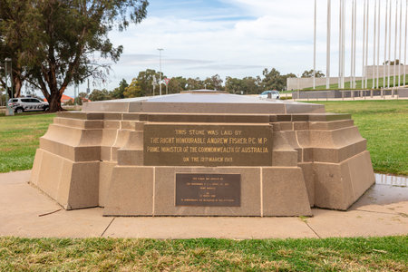 CANBERRA, AUSTRALIA - March 28, 2019: Canberra's Foundation Stone in the ground of Parliament, is...