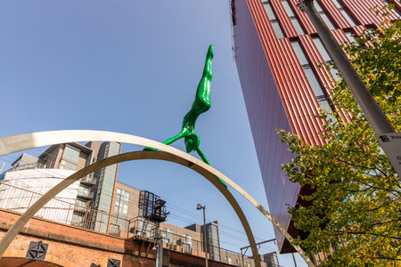 MANCHESTER, UK - September 17, 2020: Modern architecture and artwork in Manchester city centre off Deansgate.のeditorial素材