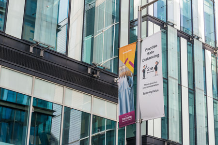 MANCHESTER, UK - September 20, 2020: Safe Distancing sign in the City Centre during Covid 19...