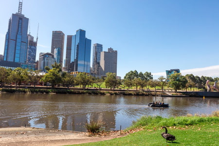 MELBOURNE, AUSTRALIA - March 23, 2019: Modern buildings on the banks of the Yarra River, Melbourne, Victoria, Australia.のeditorial素材