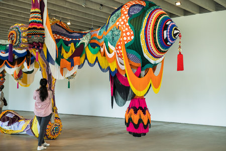 WAKEFIELD, UK - June 10, 2021: Yorkshire Sculpture Park with a display of striking work by Joana Vasconcelos 'Finisterra'.のeditorial素材