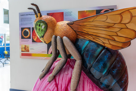 Manchester, UK - September 28, 2021: Brightly coloured bee sculpture, historic symbol of Manchester born of industry since 1842, as displayed in atrium of MREH.のeditorial素材