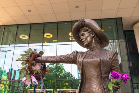 Manchester, UK - October 10, 2021: The bronze statue of Emmeline Pankhurst in Manchester, British political activist and leader of the suffragette movement in the U.K.のeditorial素材