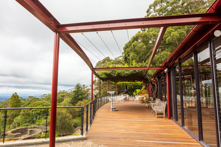 Sydney, Australia - April 4, 2019: Outdoor terrace of a restaurant in Blue Mountains Botanic Gardens located at Mount Tomah, Blue Mountains, New South Wales.のeditorial素材