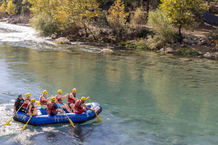 MANAVGAT, TURKEY - November 5, 2021: White water rafting experience on the rapids of river near Manavgat in Turkey.のeditorial素材