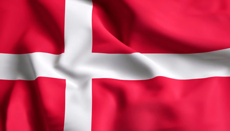 Denmark flag is depicted on a sports cloth fabric with many folds. sport team bannerの写真素材
