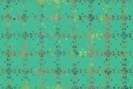 Abstract Allium floral vector seamless pattern background. Mid century modern flowers and leaves filled with circle shapes in brown teal orange. Stylized garland effect repeat for summer conceptのイラスト素材