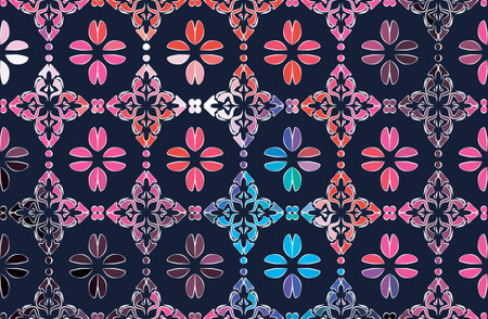 Seamless. pattern. Color bouquet of flowers roses on the black background using traditional Ukrainian embroidery elements. Can be used as pixel art, card, emblem, icon. Violet,yellow and blue tones.のイラスト素材