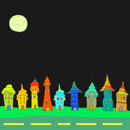 fabulous houses in the form of tidbits under the night sky / fabulous buildings under the night skyのイラスト素材