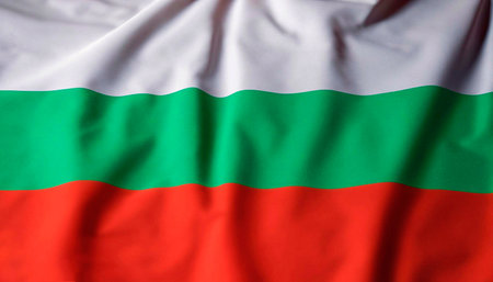 Bulgaria flag with big folds waving close up under the studio light indoors. The official symbols and colors in fabric bannerの写真素材