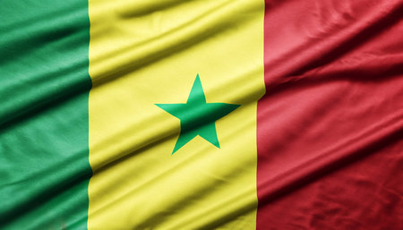 Close up realistic texture fabric textile silk satin flag of Senegal waving fluttering background. National symbol of the country.の写真素材
