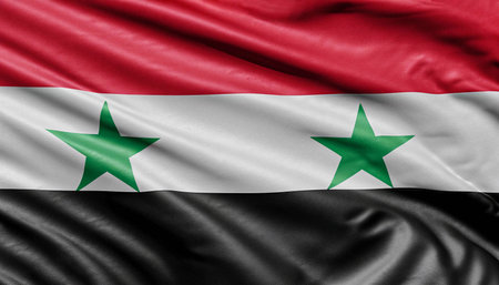 Ruffled Waving Flag of Syria. Syria flag with folds with visible satin textureの写真素材