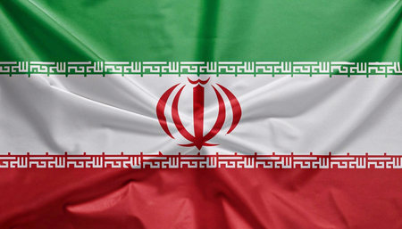 Iran flag is depicted on a sports cloth fabric with many folds. sport team banner