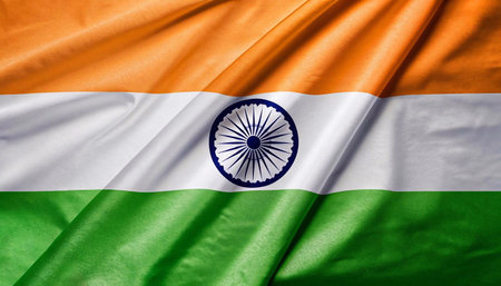 Close up realistic texture fabric textile silk satin flag of India waving fluttering background. National symbol of the country. 15th of August, Happy Day conceptの写真素材