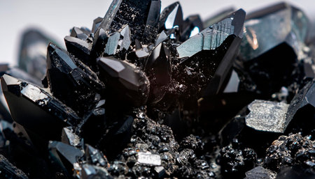 Black white abstract gem stones on textured background. Beautiful crystal transparent jewels, geometric polygon shapes. Macro view, shallow depth of field, copy space photoの写真素材