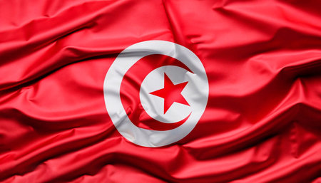 Tunisia flag with big folds waving close up under the studio light indoors. The official symbols and colors in fabric bannerの写真素材
