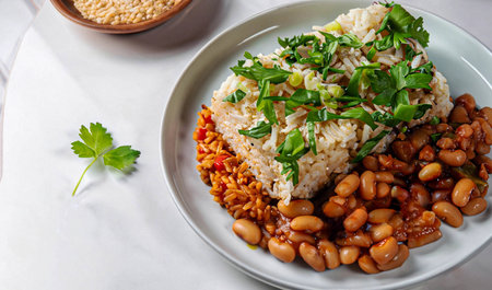Pan-fried shrimp and blend of couscous, orzo, garbanzo beans, and red quinoa served with green peas and green onion close up on a plate on white backgroundの写真素材