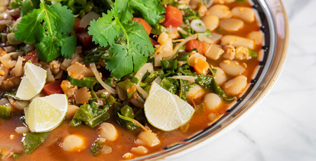 Mexican cuisine, chicken pozole served with radishes, lemons and toast, chile de