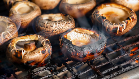 Whole mushrooms grilling a barbecue grillの写真素材