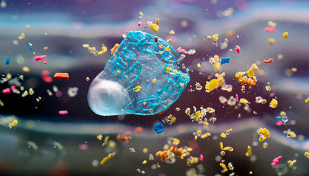microplastic particles float in the ocean, water pollution.