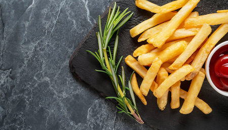 Crispy roasted chips from fresh potatoes on a dark marble surface with sea salt grains and French fries spice - Delicious fast food fried golden yellowの写真素材