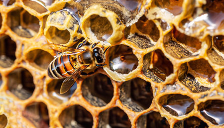 Macro photo of working bees on honeycombs. Beekeeping and honey production image.の写真素材